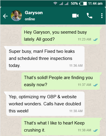 Clinet garyson Whatsapp chat where he says success story after saiful's service help