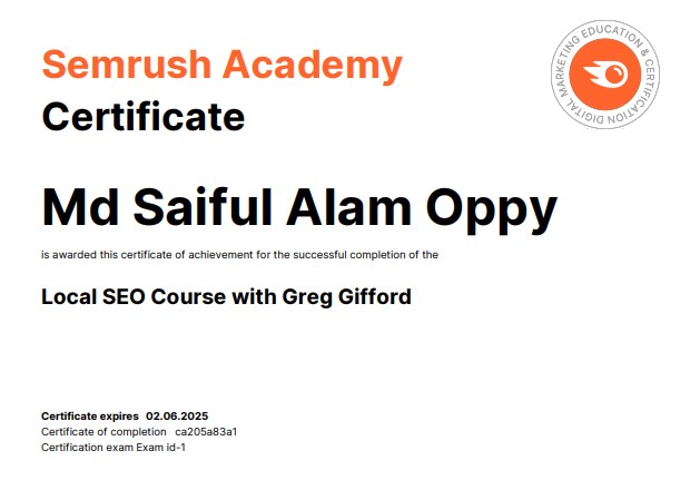 Saiful Alam Certifications about local seo